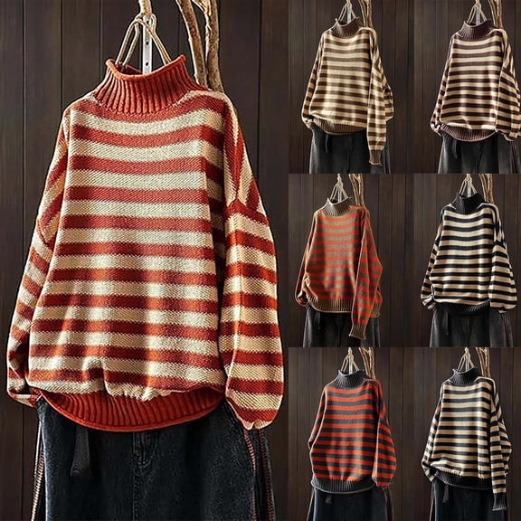 Hrsba Mock Neck Sweaters for Women Striped Color Loose Orange White Long Sleeve Knit Pullover Sweater