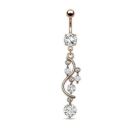- Vine with Dangling Gems Rose Gold Plated 14G Navel Dangle Belly Button Ring