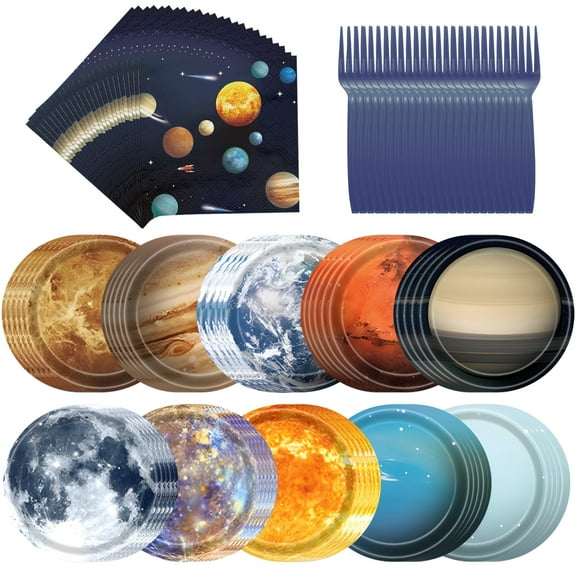 Space Theme Party Supplies Disposable Solar System Plates Party Tableware Set,Dessert Plates,Napkins for Plates Theme Games Day Space Birthday Decoration