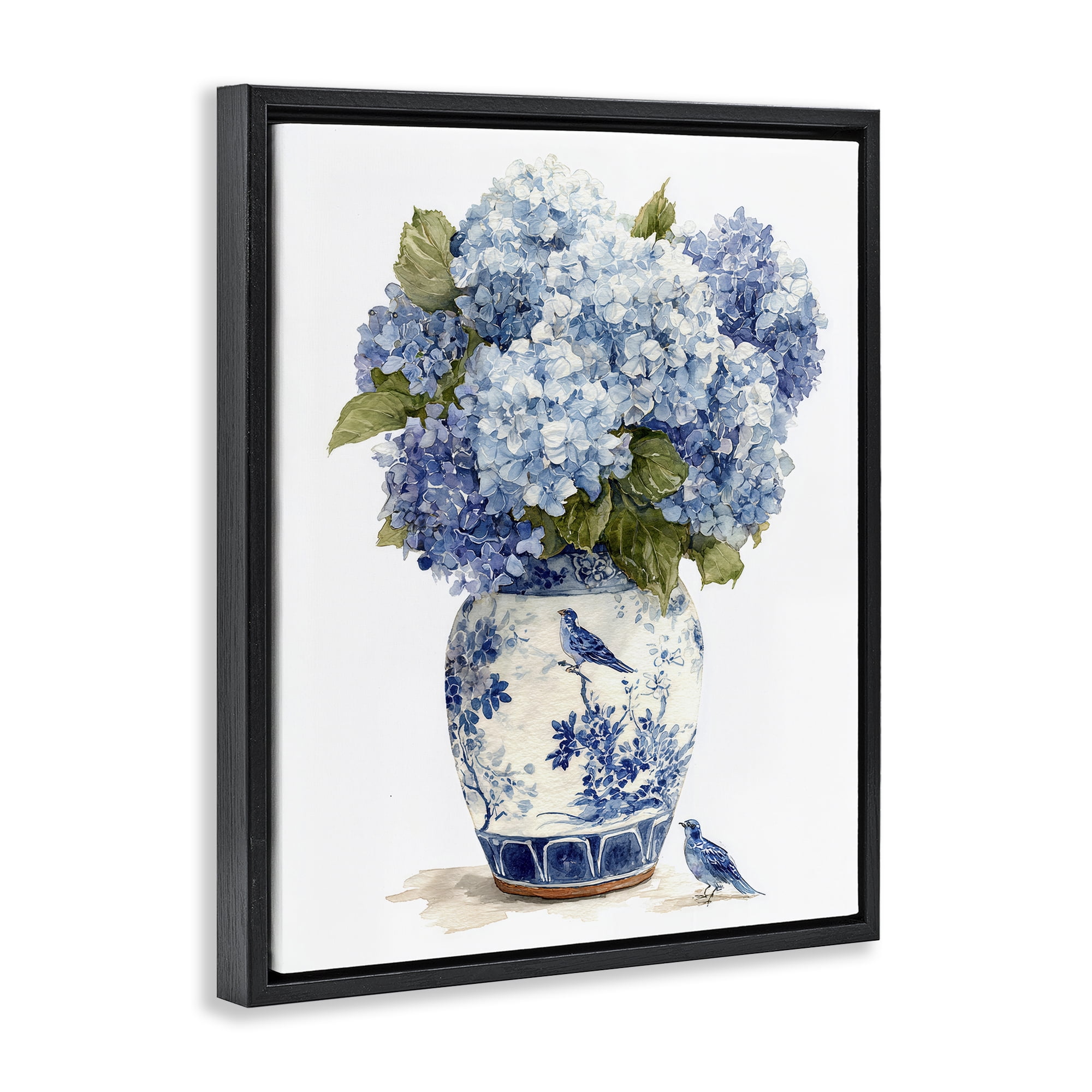 Stupell Industries Blue Bird & Hydrangea Vase Black Framed Floater Canvas Wall Art, design by Imagine It Images