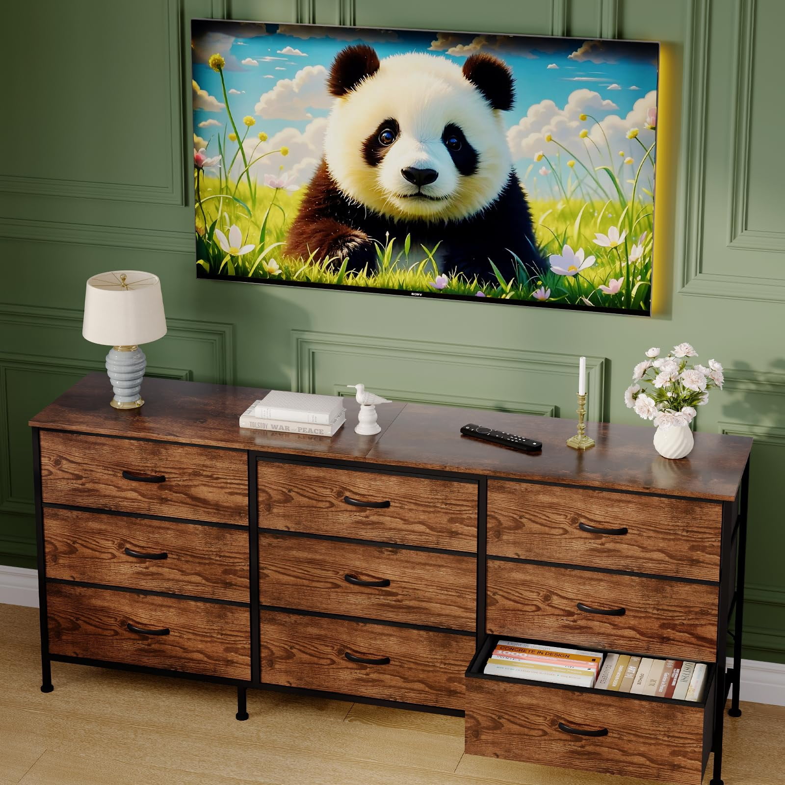 Kicctian 9-Drawer Dresser 63" Long TV Stand with Wooden Top & Fabric Storage Dresser for Bedroom,Living Room,Brown
