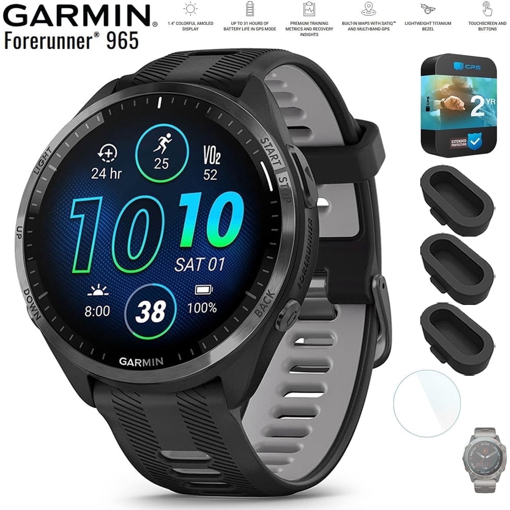 Garmin 010-02809-00 Forerunner 965 Running Smartwatch Black and Powder Gray Bundle with Silicone Dust Cover 3 Pack, 1.4 Inch Screen Protector and 2 YR CPS Enhanced Protection Pack