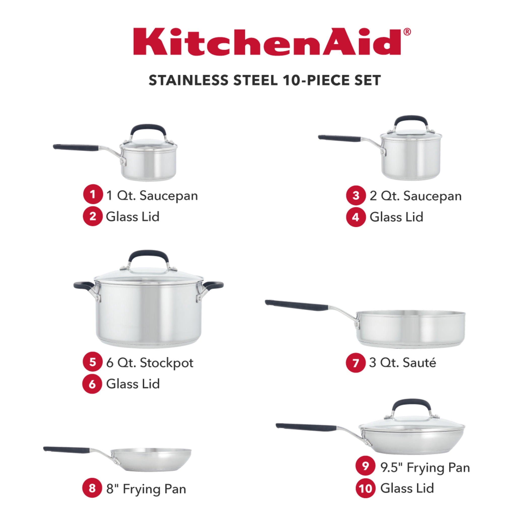 KitchenAid Stainless Steel 10 Pcs Cookware Set Induction Compatible, Metal Utensil and Dishwasher Safe, Brushed Stainless Steel
