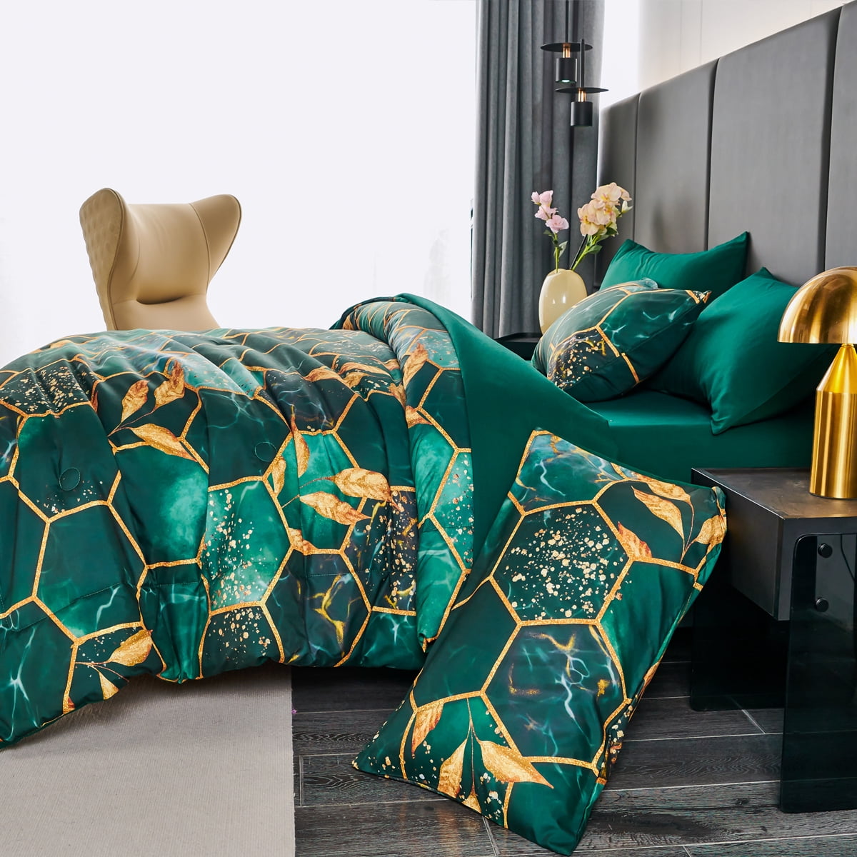 RYNGHIPY Green Gold Geometric 3-Piece Green Honeycomb Microfiber Comforter Set Full Size