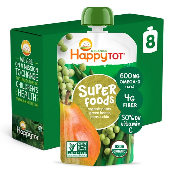 (8 Pouches) Happy Tot Super Foods Stage 4 Organic Pears, Green Beans & Peas   Super Chia Baby Food, 4.22 oz
