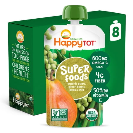 (8 Pouches) Happy Tot Super Foods Stage 4 Organic Pears, Green Beans & Peas + Super Chia Baby Food, 4.22 oz