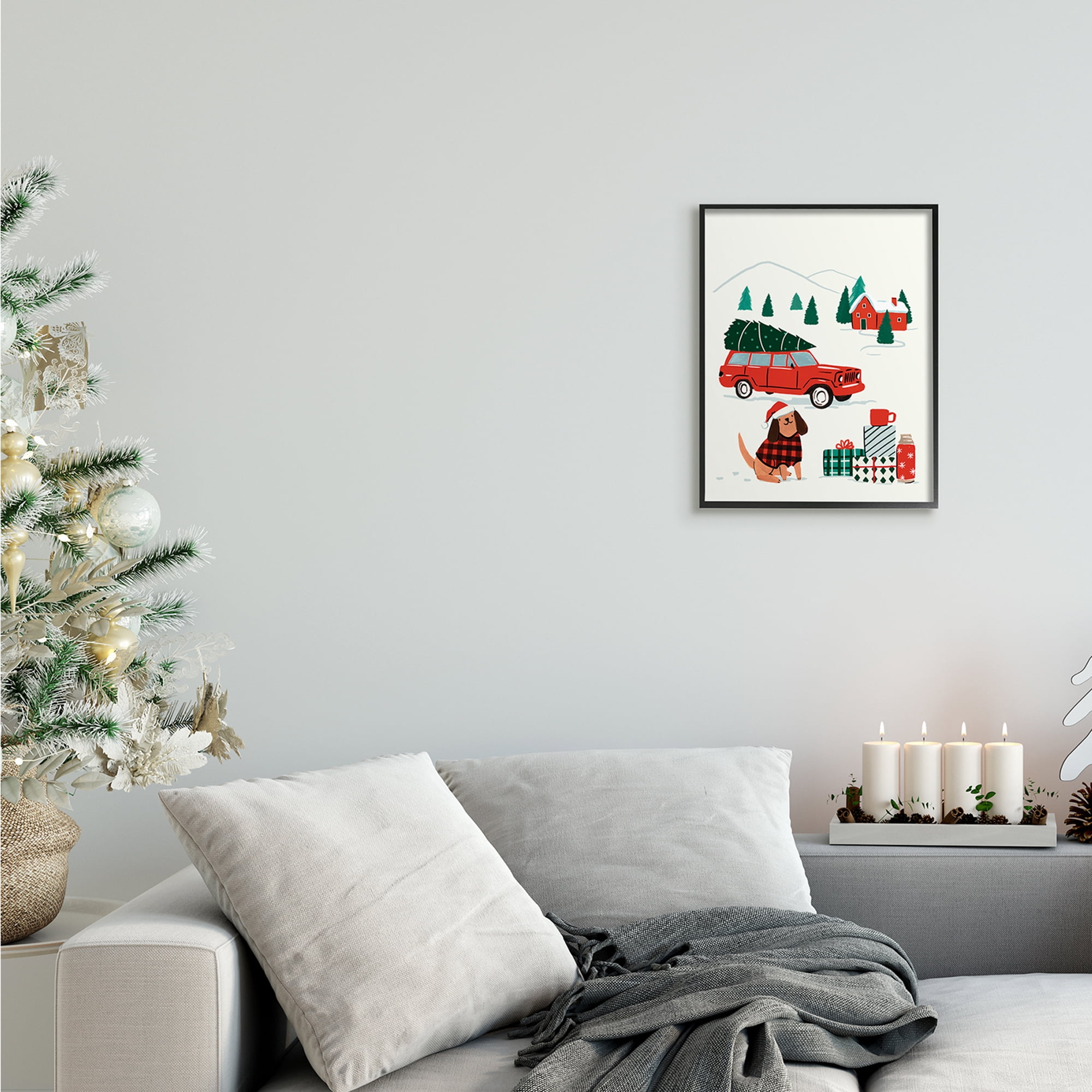 Stupell Industries Vintage Red Car Christmas Festive Santa Dog Holiday Painting Black Framed Art Print Wall Art, 11 x 14