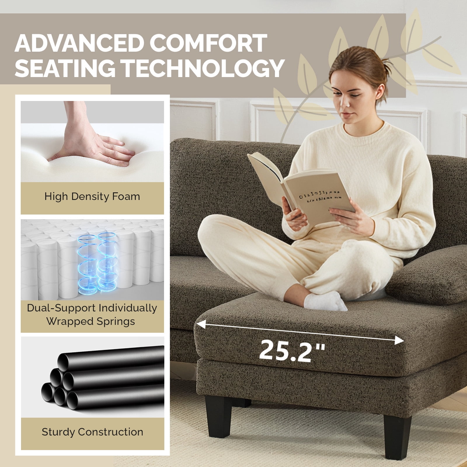 Ktaxon U-Shaped Sectional Sofa Set with Chaise, 4-Seater Blended Chenille Couch for Living Room, Apartment, Easy Assembly Brown