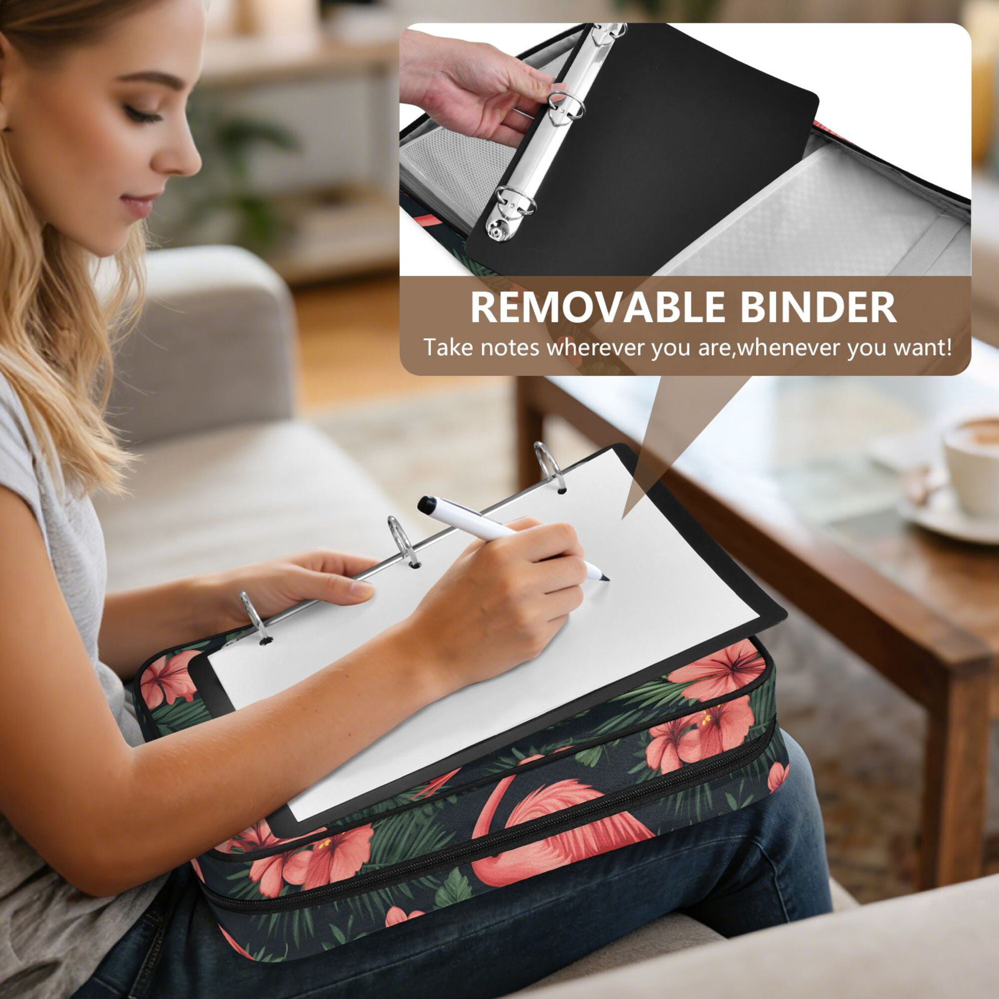FORMRS Accordion File Folder A4 Size 7-Pocket Expanding Document Organizer Bag with 3 Ring Binder, Red Flamingo Pattern