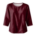 thumbnail image 4 of JULMCOMO Cotton Linen Shirts for Women Crew Neck 3/4 Sleeve Loose Fit Vintage Blouses Casual Comfy Spring Fall Shirts Wine L, 4 of 6