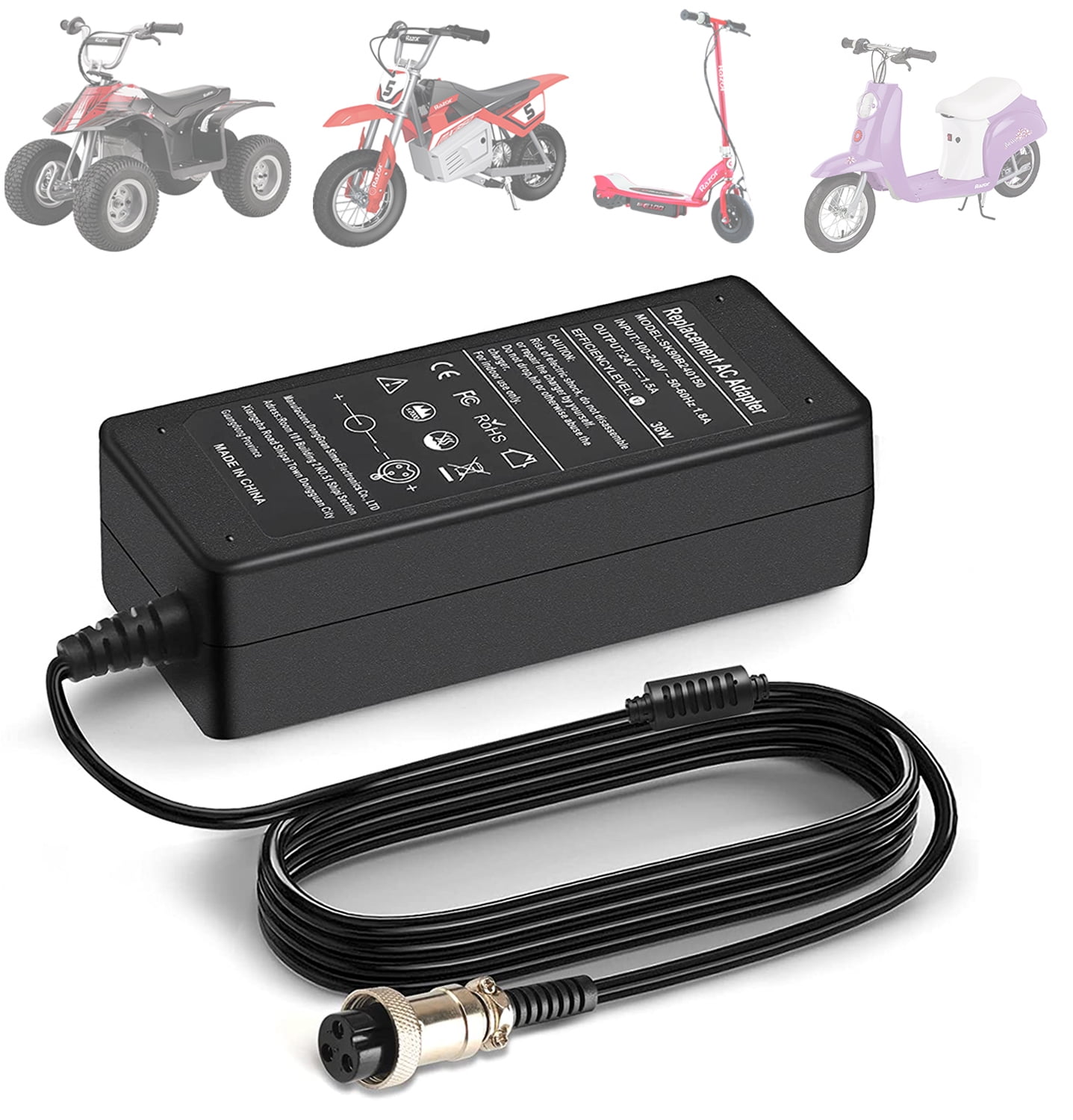 36W 24V 1.5A Electric Scooter Battery Charger for Razor E100 E125 E150 E175 E200 E300 E500 MX350 3-Prong;Mini Chopper; Dirt Quad; Pocket Rocket; Pocket Mod Electric Scooter 3-Prong Inline 