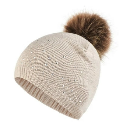 

Cute Baby Knitting Wool Hemming Hat Rhinestone Keep Warm Winter Hairball Cap
