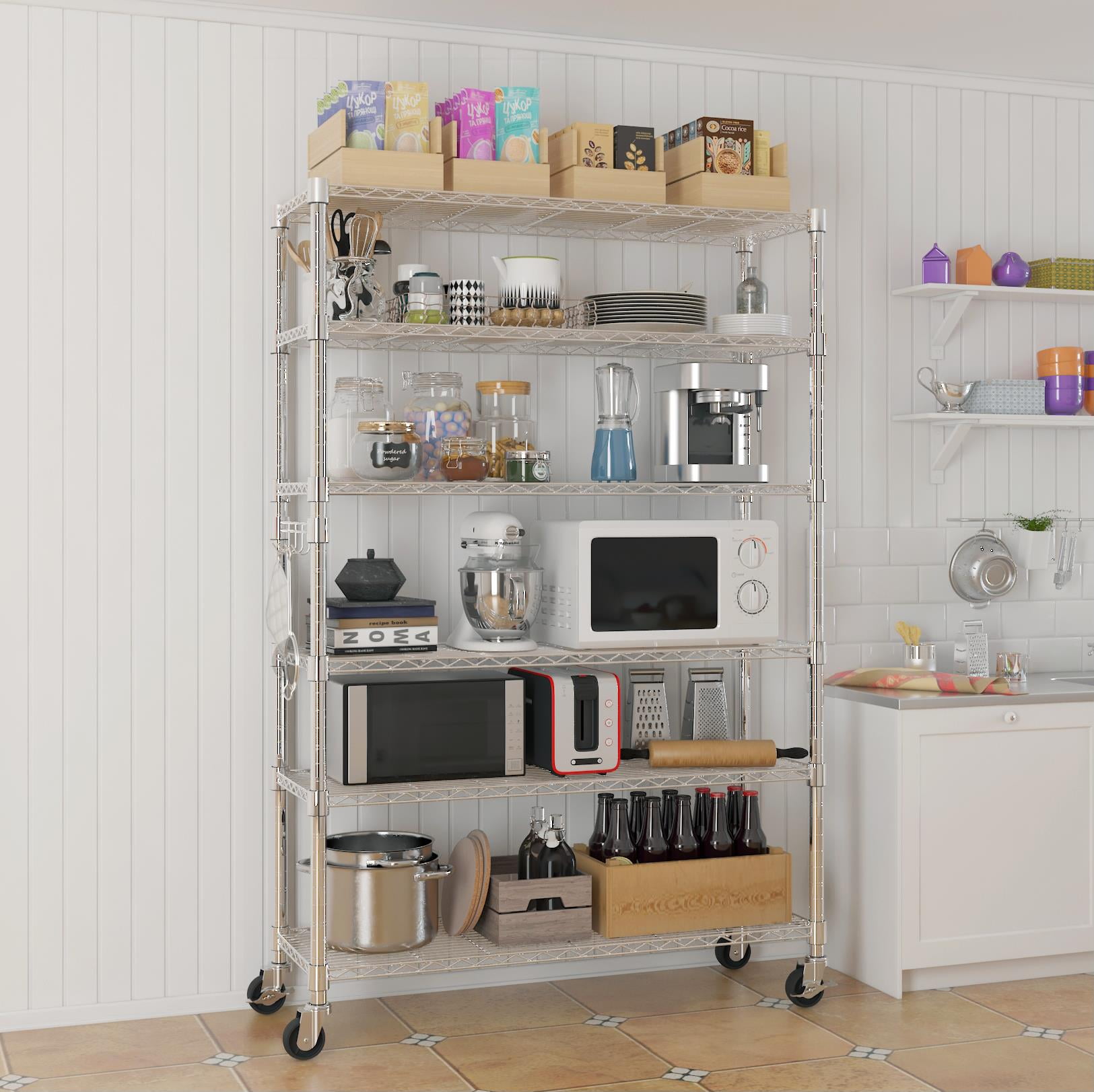 Ktaxon 6 Tier Wire Shelving with Wheels 2400LBS Capacity,  Heavy Duty Storage Rack for Home Garage, 46"W x 18"D x 82"H Adjustable Shelves, Silver