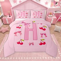 Homewish Letter H Monogrammed Queen Comforter Set,Cute Cartoon Bowtie Bedding Sets,Red Sweet Cherry Bedding Comforter Set For Girls Kids,Microfiber Room Decorative Reversible,3 Pieces