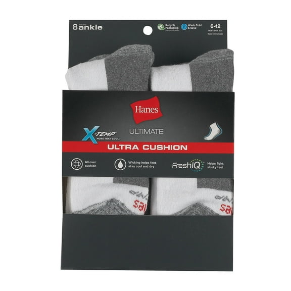 Men's Hanes Ultimate® 8-Pack X-Temp Ultra Cushion Ankle Socks Color: White Size: 6-12