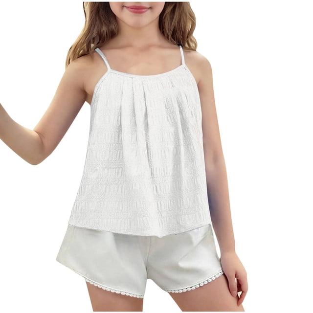 Mgmyaa Débardeur d'Été Décontracté à Bretelles Spaghetti pour Filles Col Rond Mignon Extensible Sans Manches T-Shirt Tendance Blouses 5-15 Ans