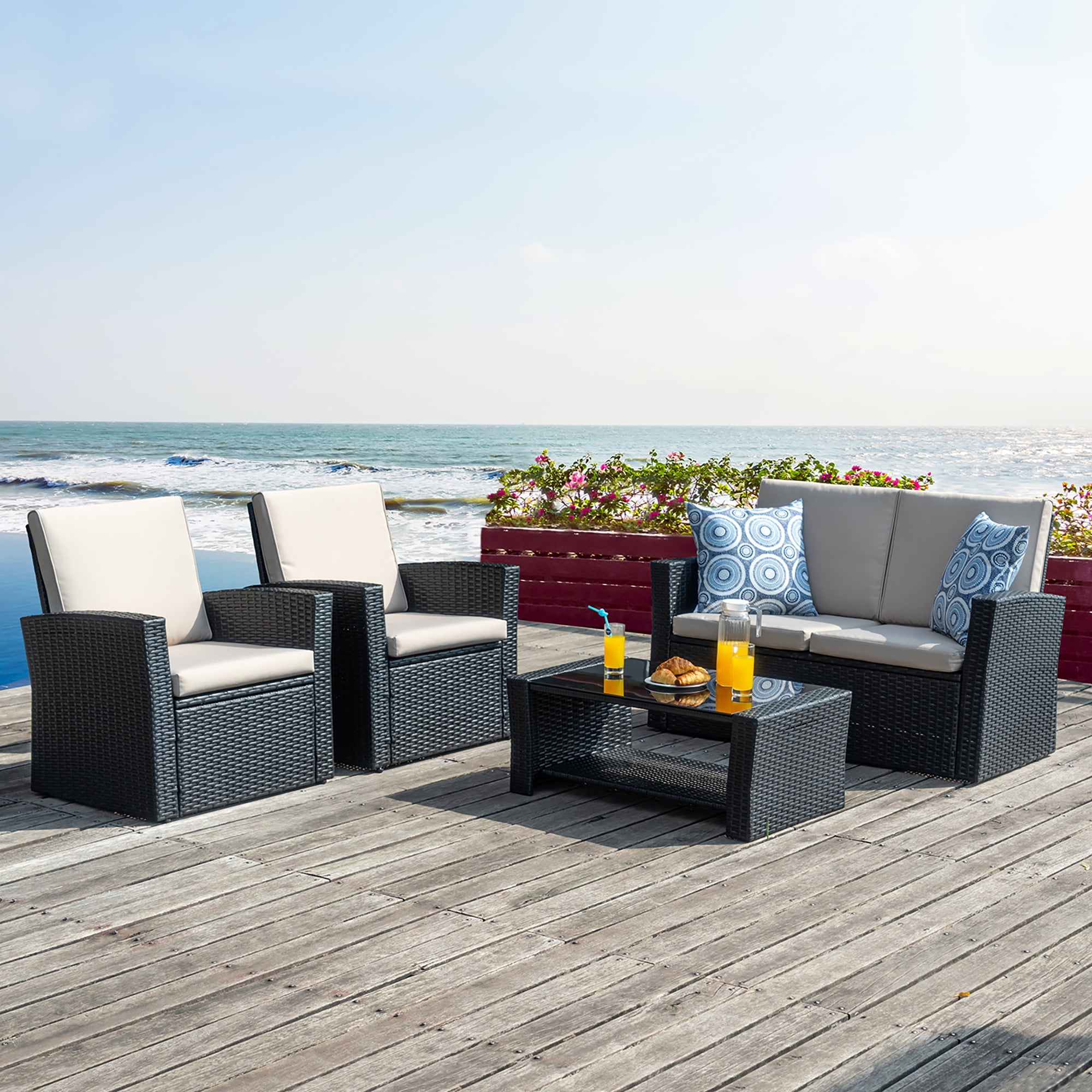 Walsunny 4 Pieces Outdoor Sectional Conversation Wicker Patio Furniture Set with Cushion Table for Backyard,Porch,Garden,Poolside Balcony,Gray