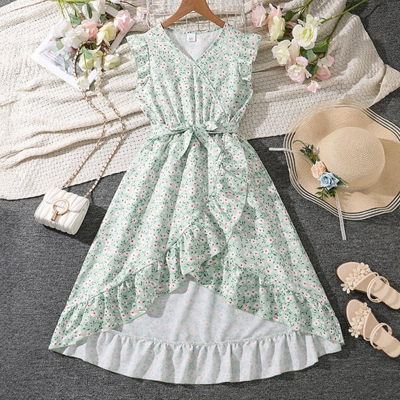 Glisme Girls Dresses Spring Summer Elegant Dress V Neck Maxi With Ruffle Hem & Adjustable Waist Green Sundress Size 7-8 Years