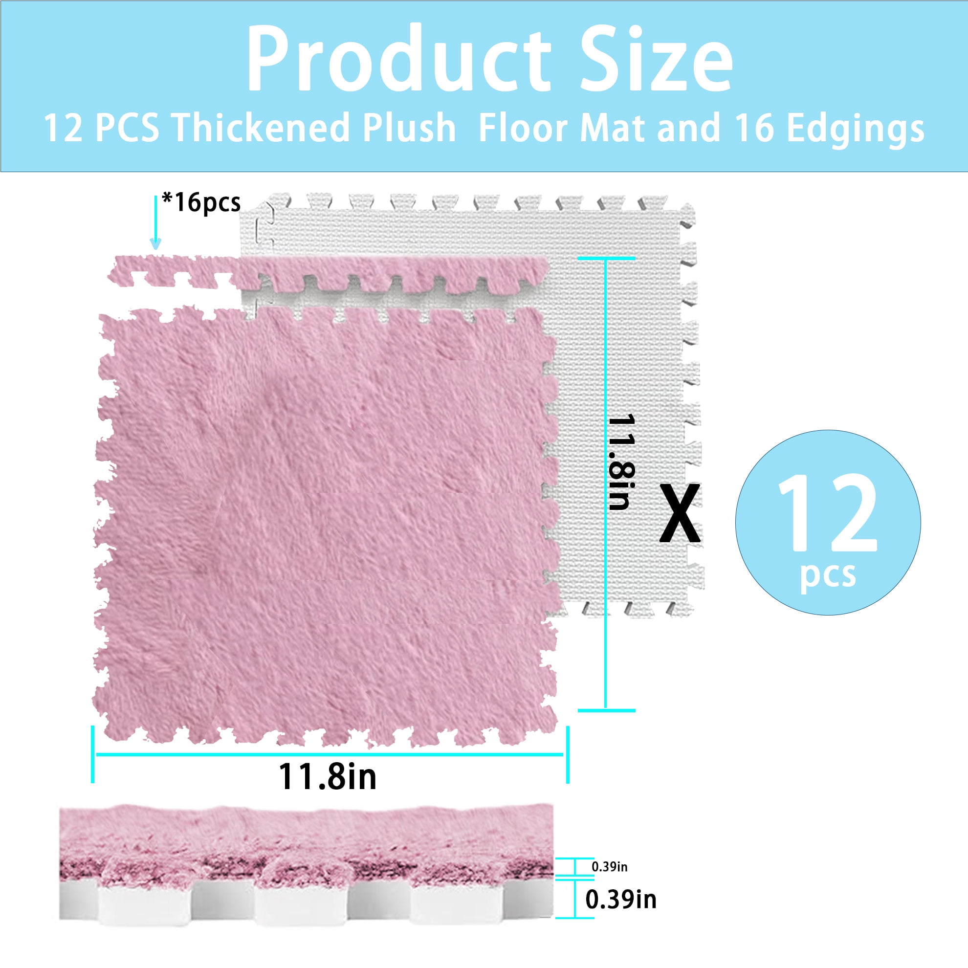 Interlocking Carpet Shaggy Soft EVA Foam Mats Fluffy Square Thickened Plush Tiles Protective Floor Tiles Exercise Play Mat for Children Kids Room Home Parlor Bedroom (Pink, 12 Pcs)