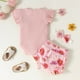 thumbnail image 4 of IROINID Clearance Neutral Crossover Onesies Baby Girls Cute Flowers Print Ruffles Short Sleeve Romper Shorts Pants Bow Suit,Purple, 4 of 9