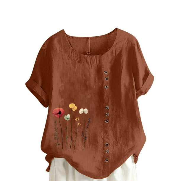 Camisetas de Manga Corta para las Mujeres Impreso Botón de Manga Corta Camiseta Blusa Poliéster, Ropa Casual Mirar Superior para las Mujeres