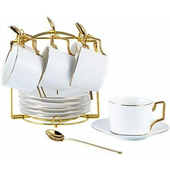 Ceramic Demitasse Espresso Cups Set with Saucers and Metal Stand, 7 oz Porcelain Stackable Cappuccino Cups for Tea, Latte, Coffee, Cafe Mocha, Set of 6, Matte White