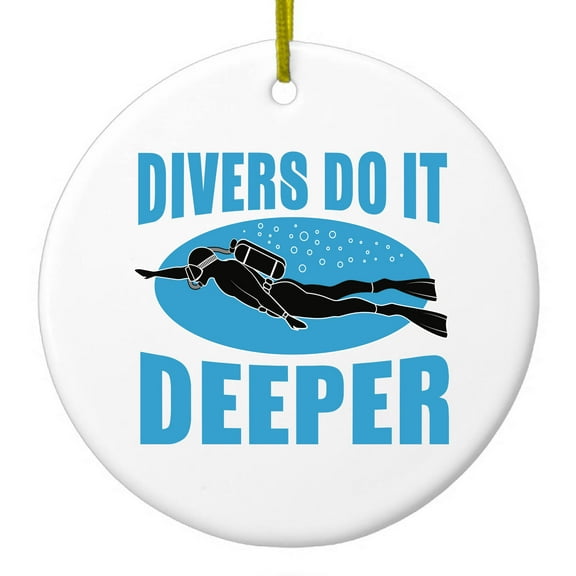 DistinctInk Hanging Ceramic Christmass Tree Ornament with Gold String - Great Gift / Present - 2 3/4 inch diameter - Divers Do It Deeper