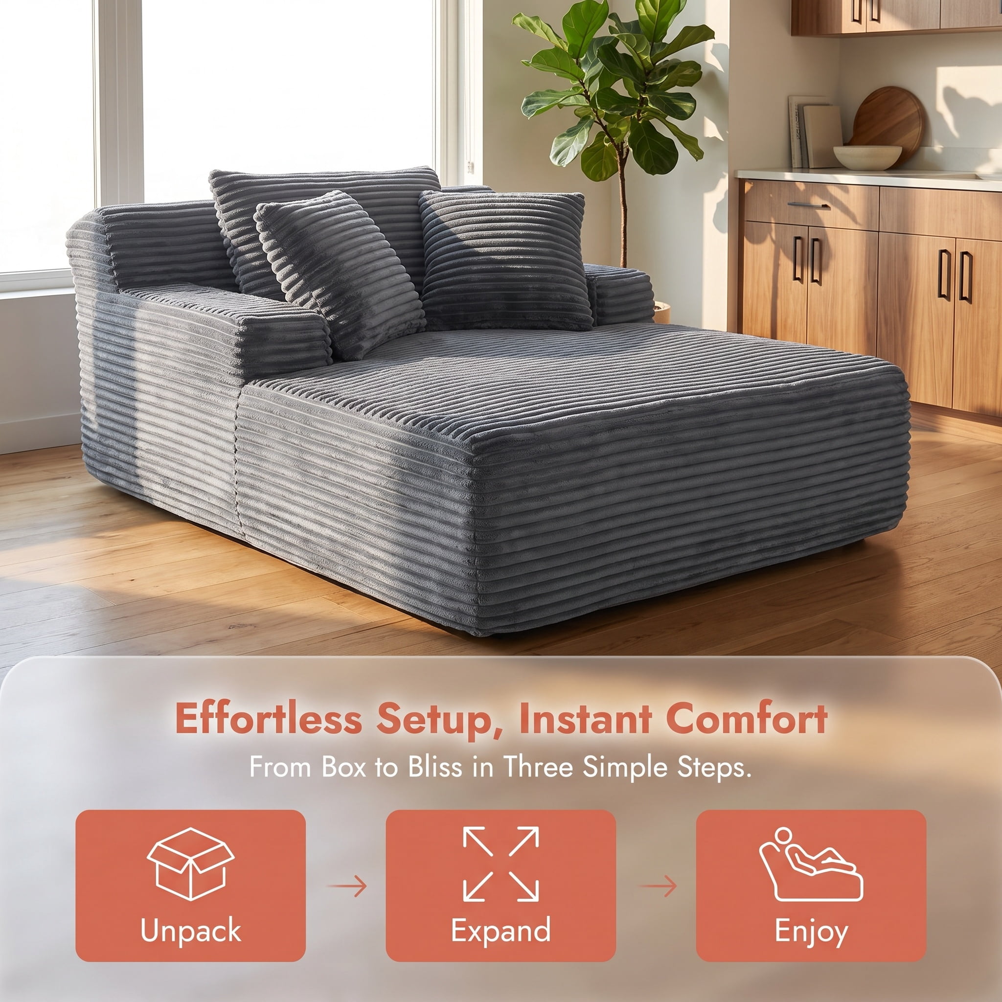 ShiKeyi 66'' Chaise Lounge Chair Indoor, No Assembly Required Cloud Floor Sofa Bed, Deep Seat Boneless Plush Corduroy Upholstered Couch with Pillows, Gray
