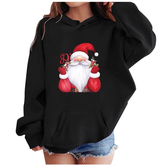 Hpapadks Hoodies for Girls Children Xmas Print Hoodie Winter Warm Pullover Baby Sweatshirt Black 8-9 Years