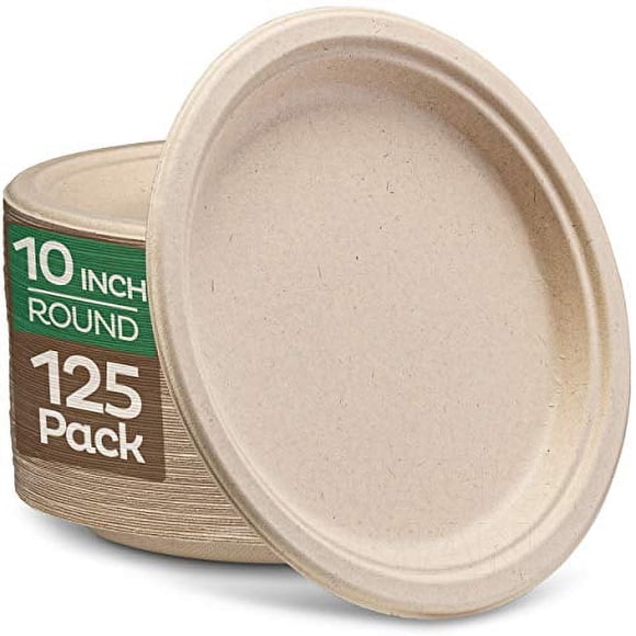 Assiettes en Papier 100 % Compostables 10 Pouces en Vrac {Lot de 125] Assiettes Jetables Qualité Robuste, Bagasse Naturelle Écologique Biodégradable Faite de Fibre de Canne à Sucre, Grande Assiette de 10 Pouces