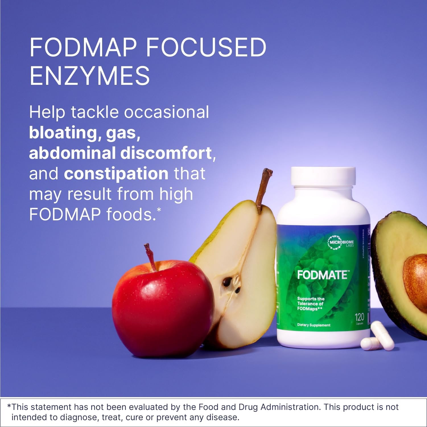 Microbiome Labs FODMATE Digestive Enzymes for Women & Men - Digestive Support for Low FODMAP Protocols & Occasional Bloating, Gas & Stomach Relief 120 Capsules