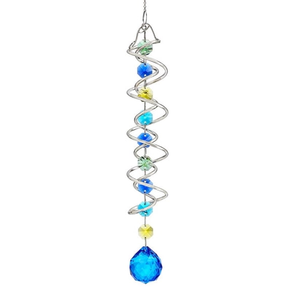 Spiral Tail Gazing Ball Wind Spinner, Sun Catcher Rainbow Maker with Sea Blue Crystal Ball & Chain, Indoor Outdoor Hanging Garden Window Decor, 20.5 Inch