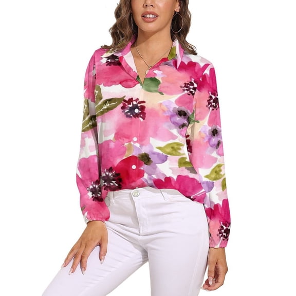 Watercolor Flowers Pink Fuchsia Long Sleeve Blouse Woman Streetwear Casual Shirts Summer Oversize Woman Streetwear Clothing Birthday Present