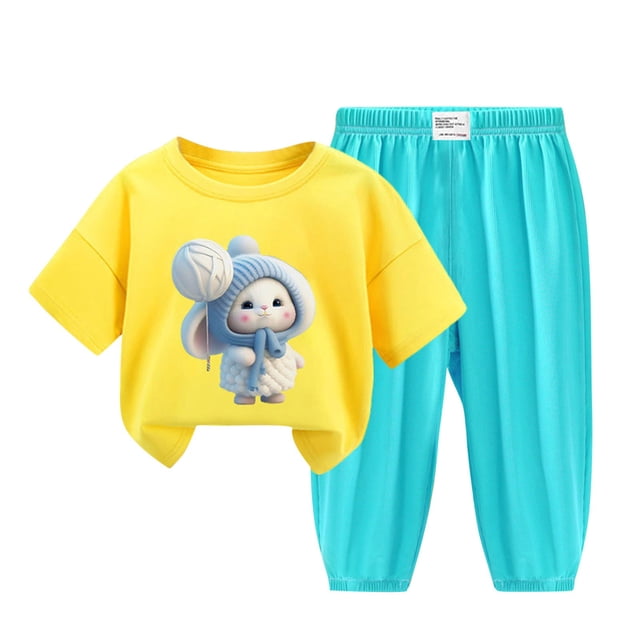 Odeerbi 2-12 Años Niño Niña Conjunto de Verano Camiseta de Manga Corta de Algodón Ice Silk Pantalón de Chándal Conjunto de Dos Piezas de Ropa Interior Estampada