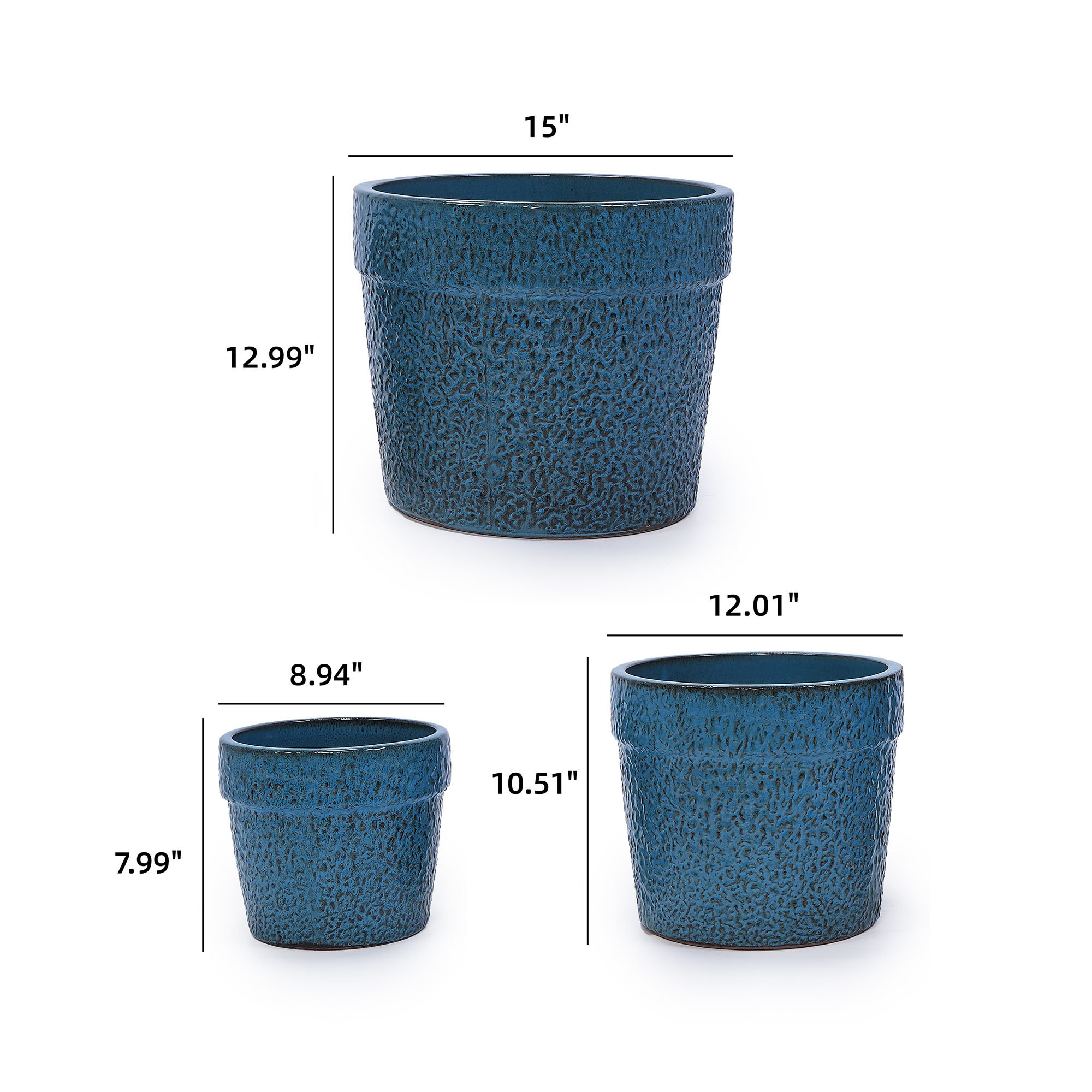 CQSXDA 3-Pack Antique Blue Ceramic Planters, 15" 12" 9" Modern Indoor Outdoor Flower Pot w/Drainage
