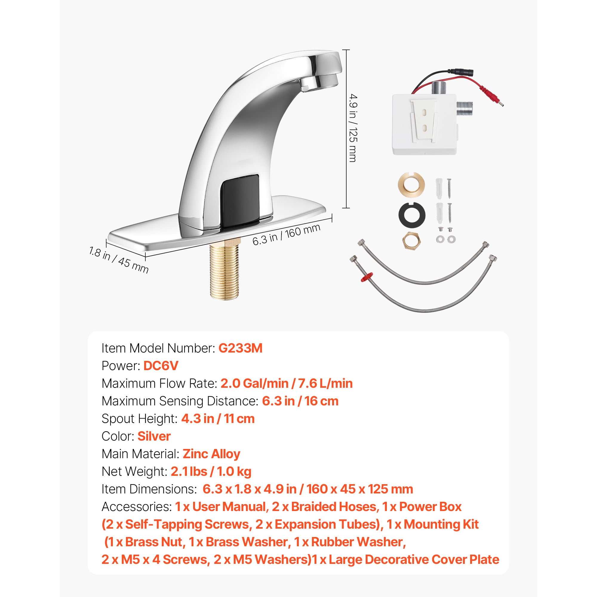 KFFKFF Touchless Bathroom Sink Faucet, Automatic Motion Sensor Restroom Faucet for Cold Water with Hole Cover Plate, Battery Powered for 9/16 in Pipe in Commercial Lavatories, Chrome-Plated Silver