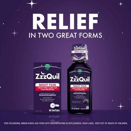 Vicks ZzzQuil Night Pain Sleep Aid Geltabs, Non-Habit Forming, Nighttime Pain Reliever, 60 Ct