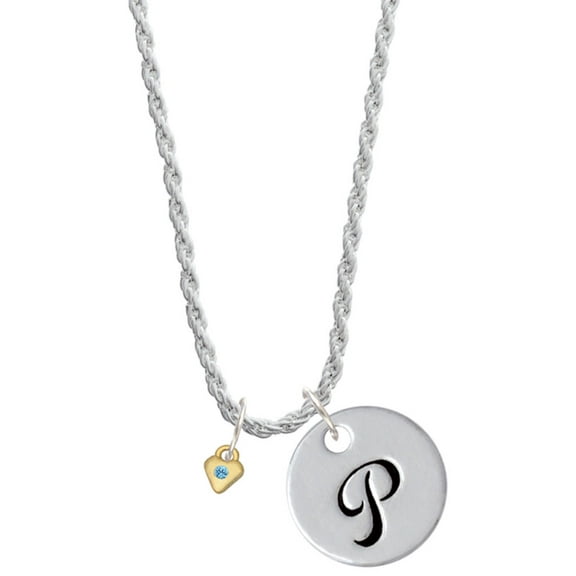 Delight Jewelry Goldtone Mini March - Hot Blue Crystal Heart Silvertone Script Initial Disc - P - Charm Necklace, 20" 3"