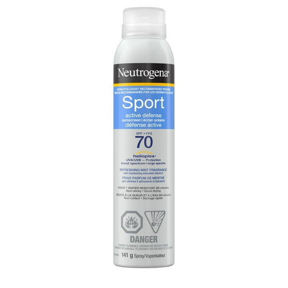 Neutrogena Sport Active Defense SPF 70 Sunscreen Spray, Sweat & Water Resistant Spray Sunscreen with Broad Spectrum UVA/UVB Sun Protection for Sunburn Prevention, Oxybenzone-Free, 141g
