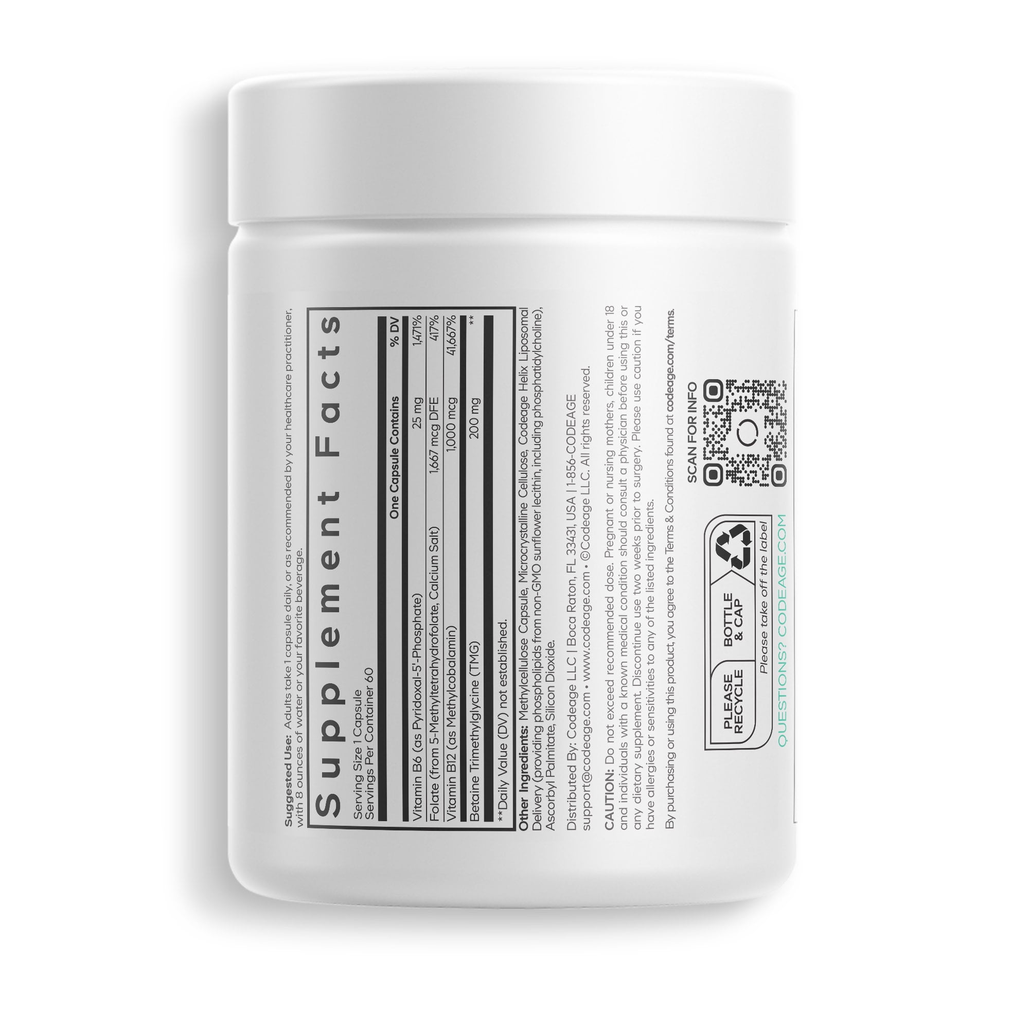 Codeage Liposomal L-Methylfolate 5-MTHF+ - Active Vitamin B9, Methylcobalamin B12, Betaine TMG, B6-2-Month Supply Multivitamins - Liposomal Delivery - Bioavailable B-Vitamin Complex - 60 Capsules