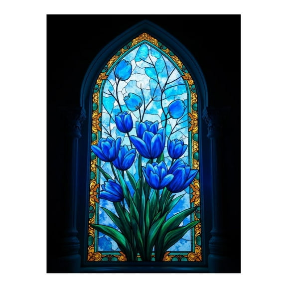 Diamond Art Kit for Adults, Stained Glass Blue Tulips Window Diamond Painting for Adults Beginners, DIY Diamond Art Painting Kits, 5D Diamond Painting Crafts for Home Decor 12x16 Frameless
