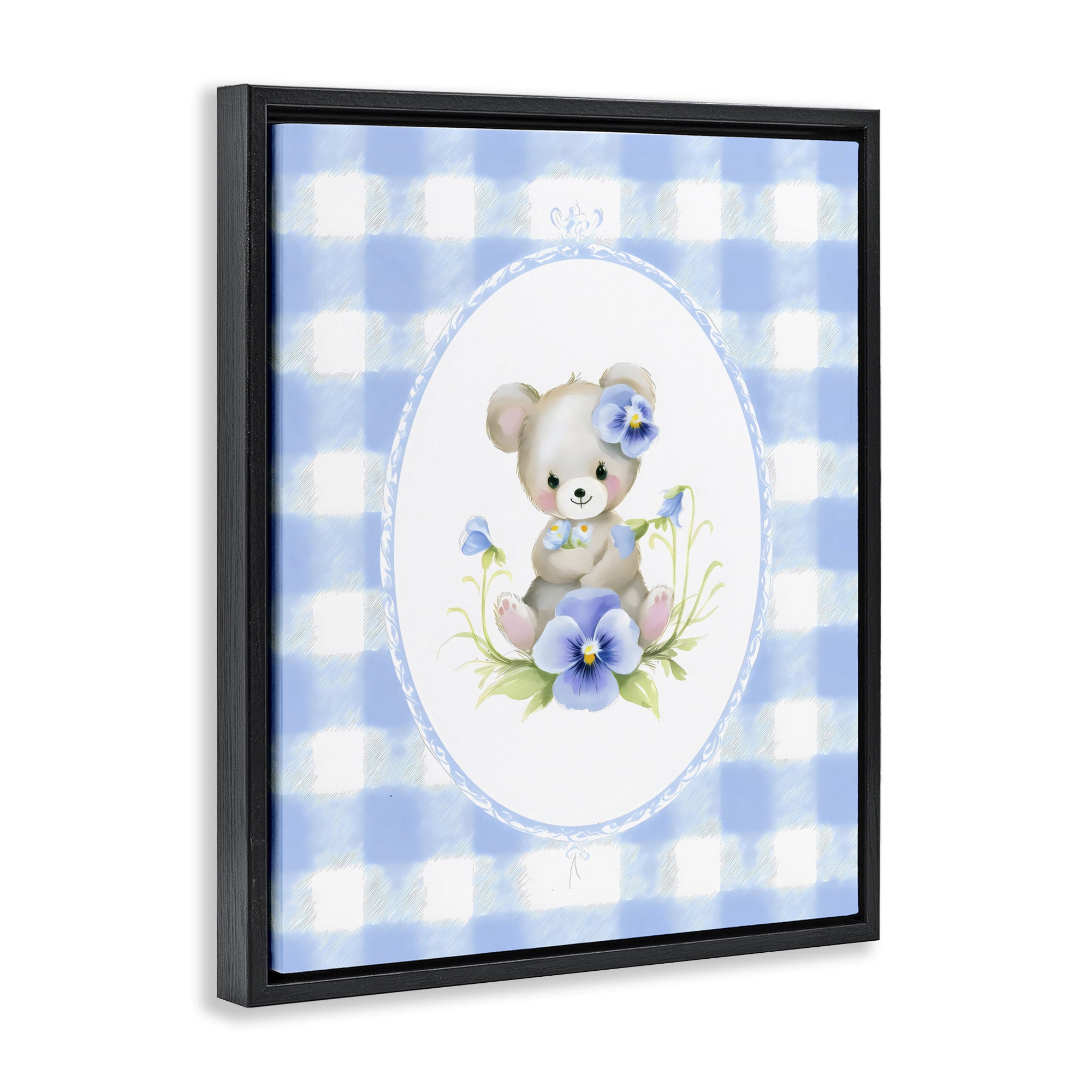 Stupell Industries Little Bear Blue Gingham Black Framed Floater Canvas Wall Art, design by Arlington Prints