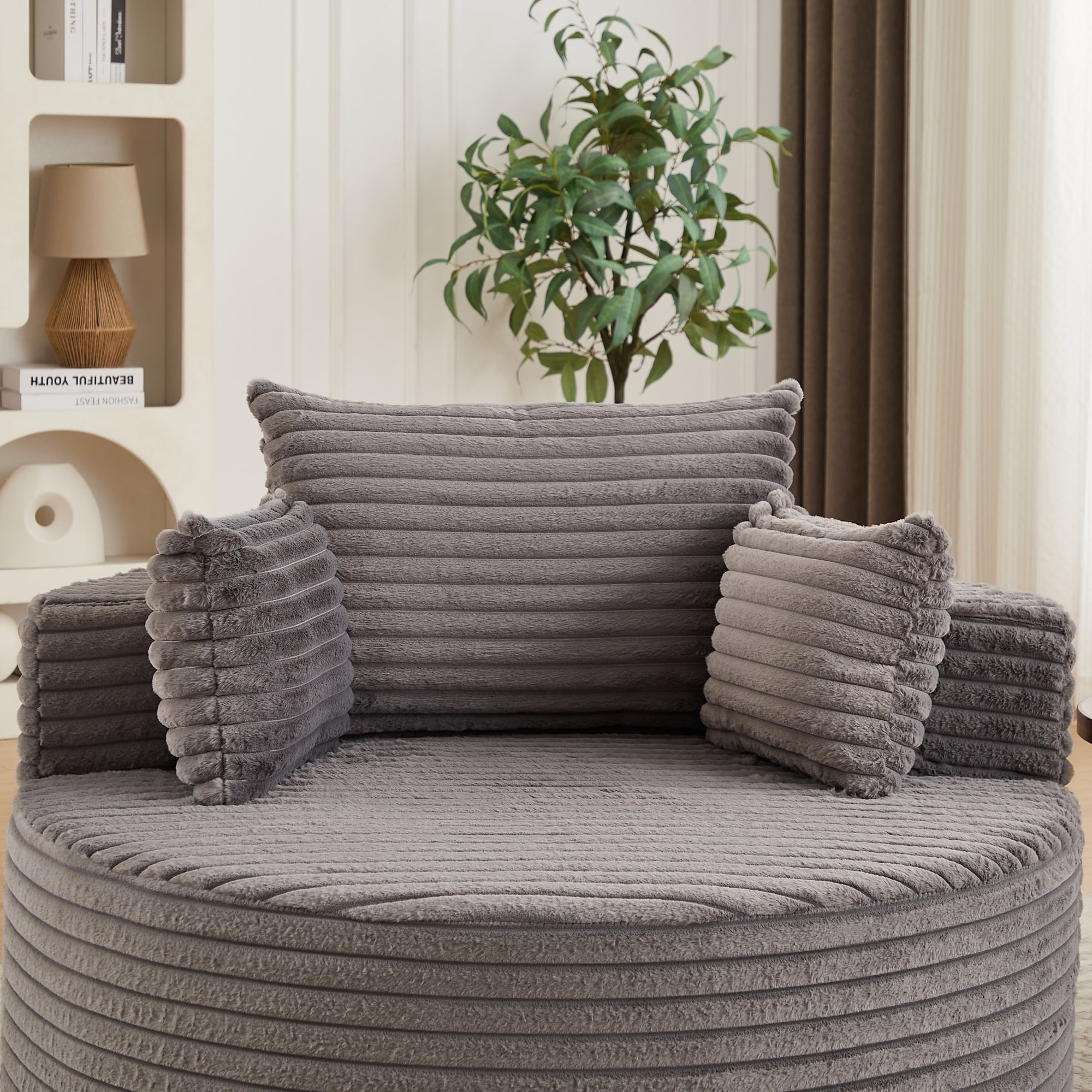 Leumius Oversized Round Chair Lounge Chaise Indoor,50" Upholstered Corduroy Deep Seat Single Cloud Sofa Chair, Fluffy Modern Large Circle Boneless Sleeper Sofa for Living Room, Bedroom,Gray