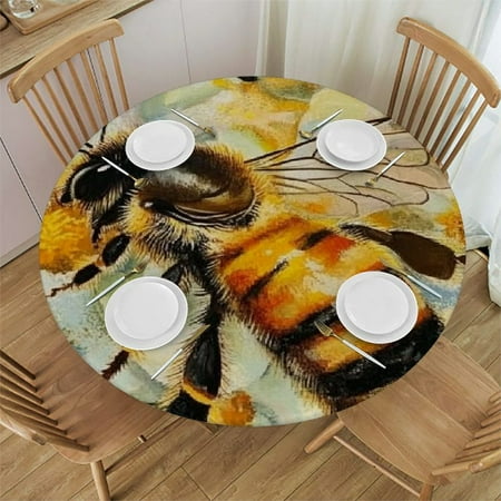 

Patifu Bee Flowers Round Tablecloth 100% Polyester Outdoor Fitted Stain-Resistant Washable for Home Kitchen/Parties/Holiday Dinner 54 -58