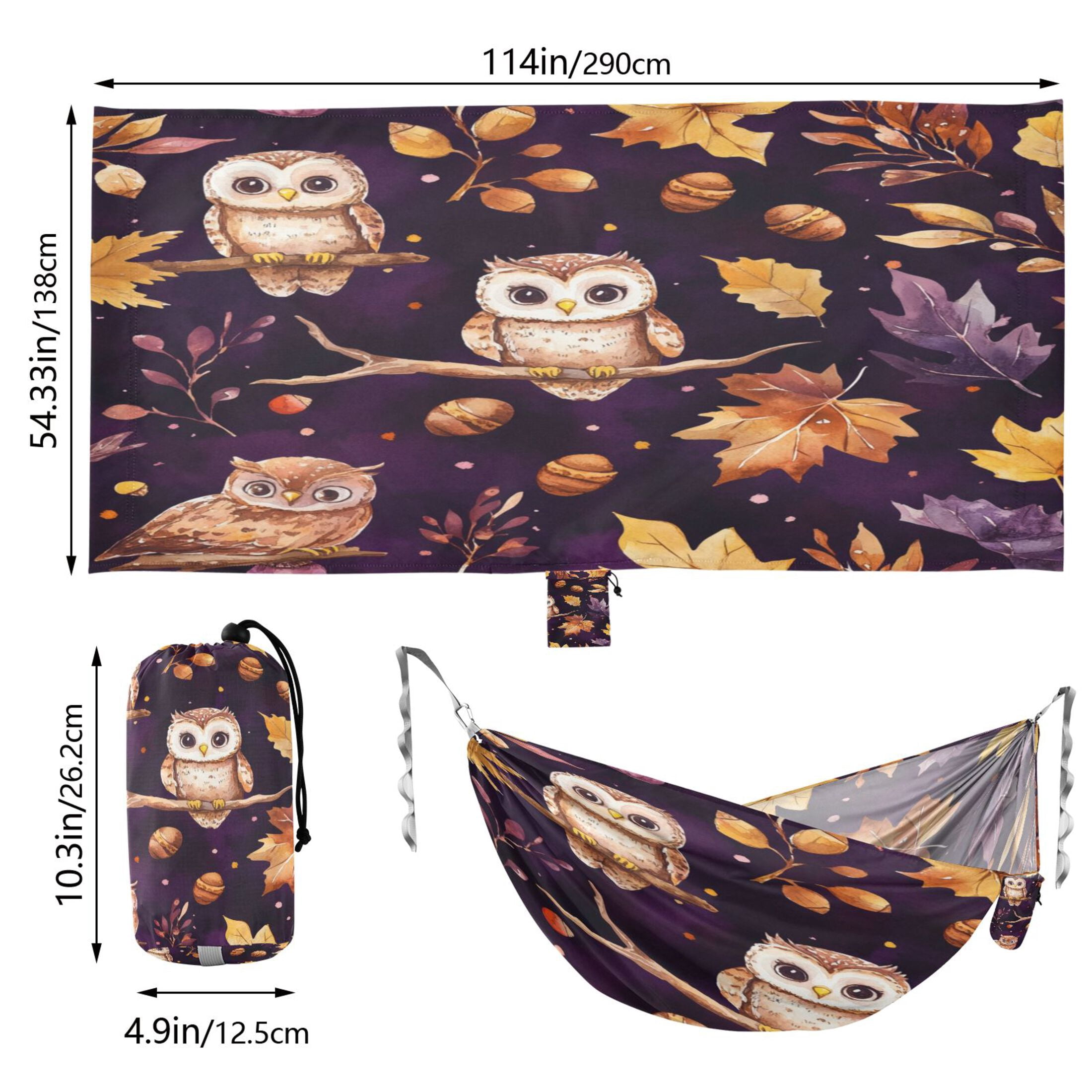 Wobogo Adorable Baby Owls and Acorns Pattern Camping Hammocks 330 lb Capacity with Tree Straps and Hanging Pockets for Outside Hiking Beach Backpack Travel