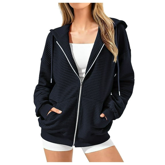 Sopiago Zip Up Hoodie Women Long Sleeve Sweatshirts Fall Outfits 2024 Oversized Hoodies Casual Fashion Jackets Dark Blue,M