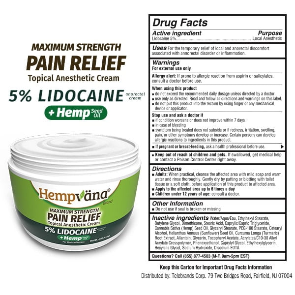 Hempvana Lidocaine 5% Relief Cream, for Anorectal Relief, Enriched with Hemp Seed Oil, 4-oz Jar