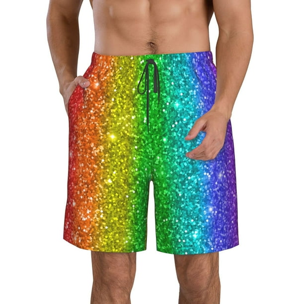 Fotbe Glitter Rainbow Trajes de Baño Estampados para Hombre, Shorts de Verano de Secado Rápido, Ropa de Playa, Bañadores-XX-Large