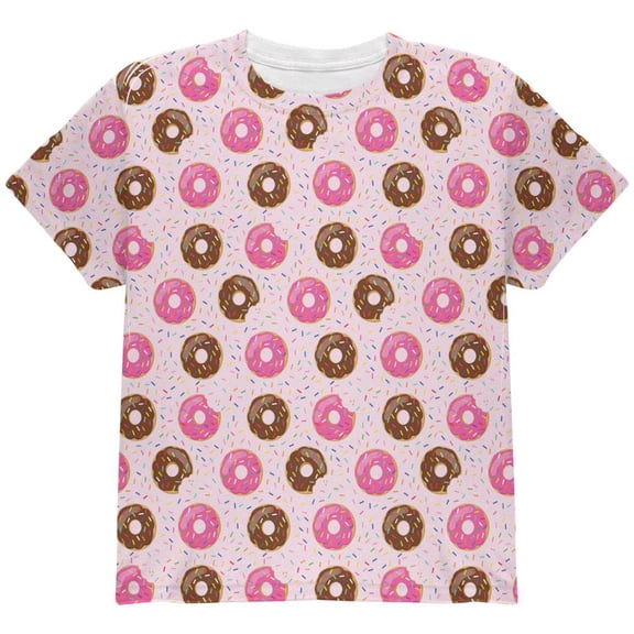Frosted Donut Sprinkles Food Repeat Pattern All Over Youth T Shirt Pink YSM