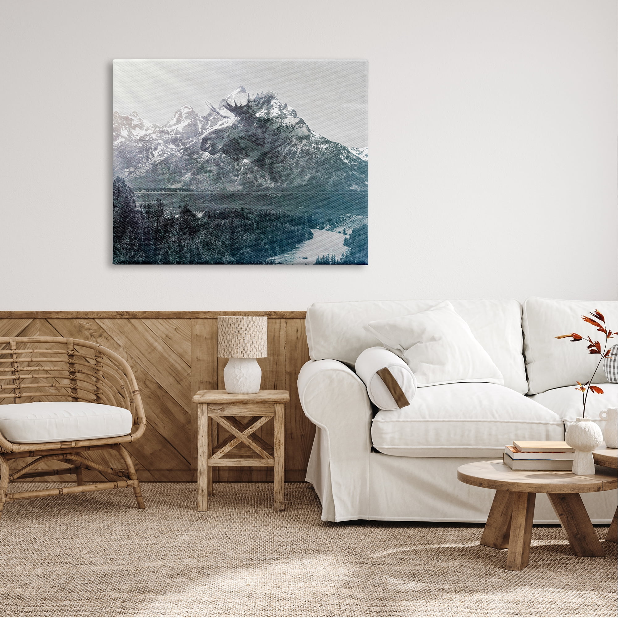 Stupell Industries Quaint Sunny Mountain River Scenery Moose Antlers Canvas Wall Art, 48 x 36, Design by Daniel Sproul
